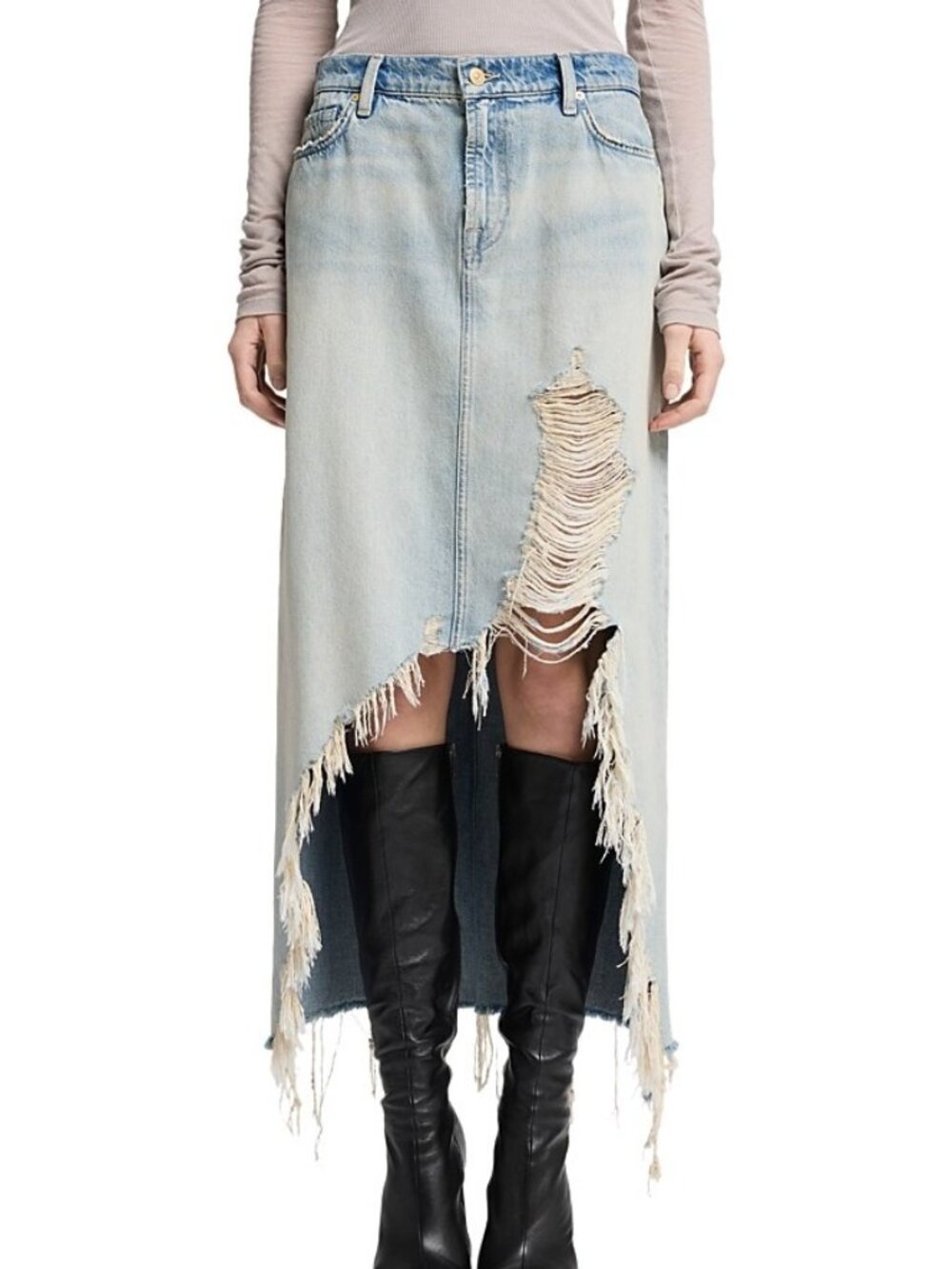 7 For All Mankind Size 27 Peaches Distressed Light Wash Blue Midi Skirt NEW